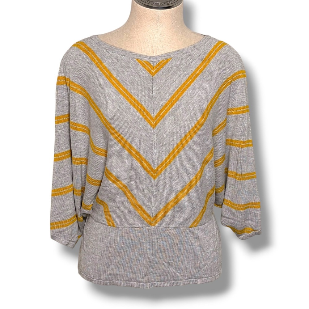 Gray Yellow Chevron Stripe Dolman Sleeve Boat Neck Lightweight Sweater Top M